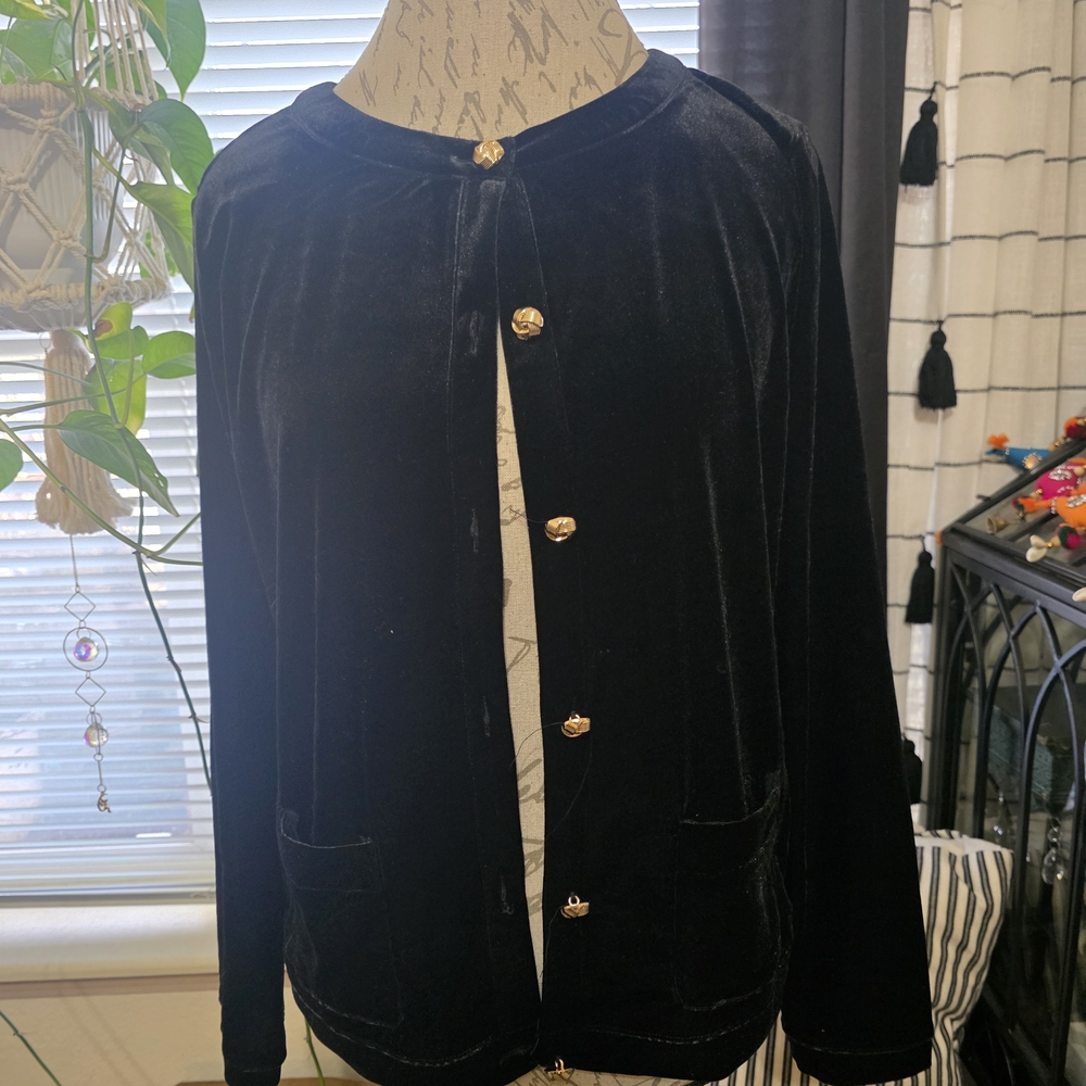 Talbots Black Velvet Cardigan with Gold Buttons Goth Evening Work Top